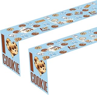 2Pcs Milk and Cookies Theme Table Runner Chocolate Chip Cookie Birthday Party Favors Supplies Table Decorations Table Cloth