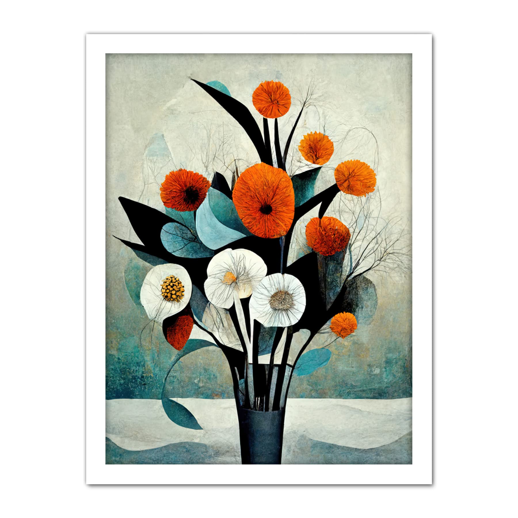 Doppelganger33 LTD Flowers Floral Display Bouquet Modern Abstract Teal Orange Artwork Framed Wall Art Print 18X24 Inch