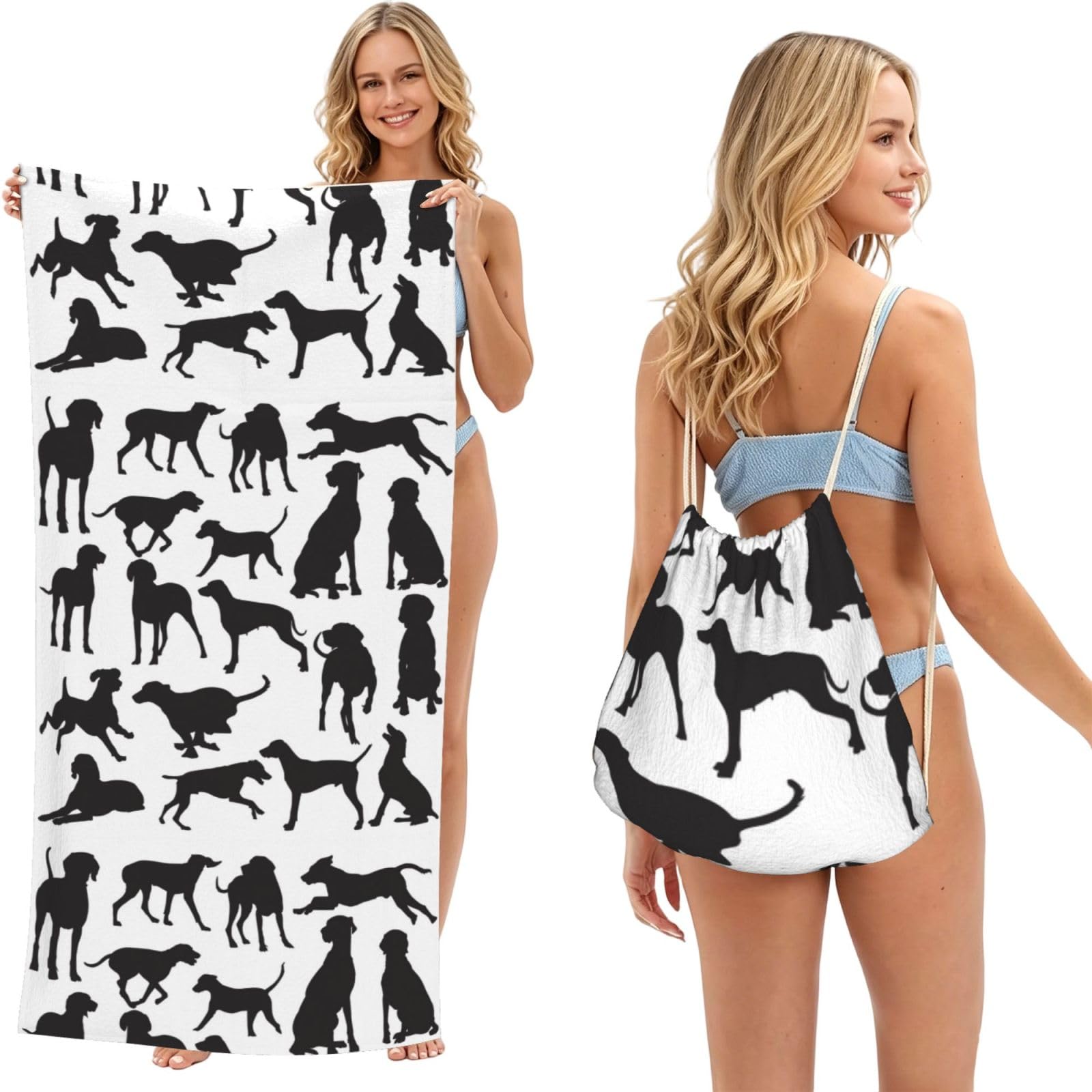 Poadnly As Picture Weimaraner Dog Sketch, 2 In 1 Packable Towel Bag, Beach Towels With Drawstring Backpack For Travel Holiday Camping