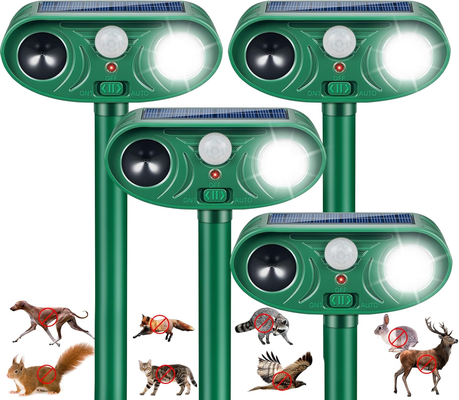 2026 Upgraded Solar Ultrasonic Animal Repeller Outdoor with Motion Sensor & LED Strobe Cat Repellent Outdoor Effective Dog, Deer, Raccoon, Squirrel Deterrent for Yard, Lawn, Garden 4 Pack