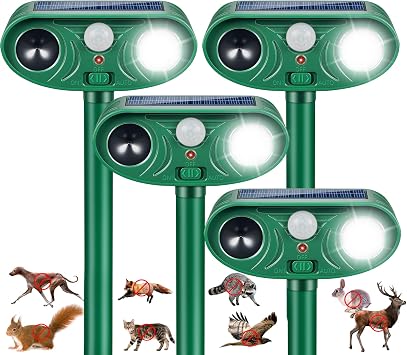 2026 Upgraded Solar Ultrasonic Animal Repeller Outdoor Deer Repellent with Motion Sensor & LED Strobe Effective Squirre, Cat, Raccoon, Dog Deterrent for Yard, Lawn, Garden 4 Pack