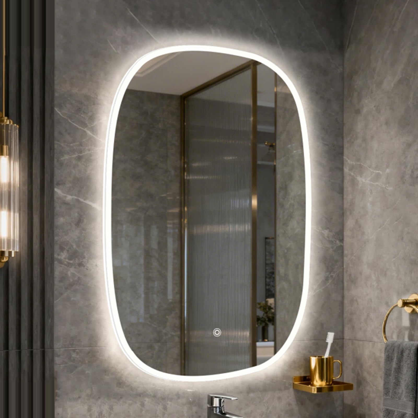 Jcgly Modern Irregular Shaped LED Bathroom Mirror, Lighted Vanity Mirror with Stepless Dimming & 3 Color Modes, Anti-Fog Mirrors(60x80cm)