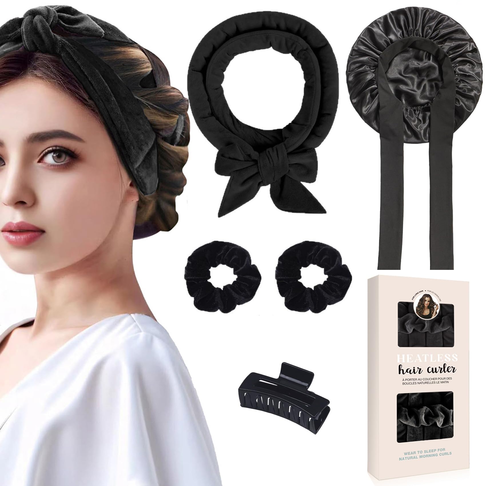 Heatless Curling Set,Velvet Hair Curler with Sleep Cap, DIY Hair Curling Band Styling Kit, Overnight Hair Rollers
