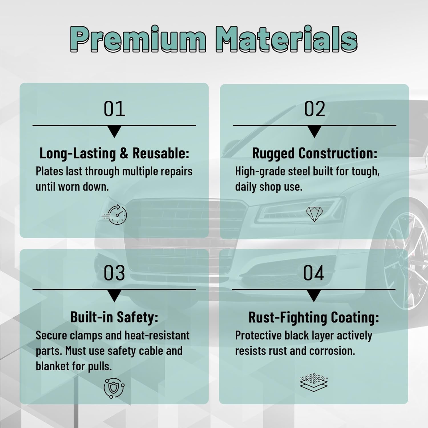 Universal Auto Body Pull and Weld Clamp Set - 7 Plate Kit with Hook, Powder Coated Steel, Compatible with Most Car Frame Collision Repair for Panels, Chassis, and Dent Pulling