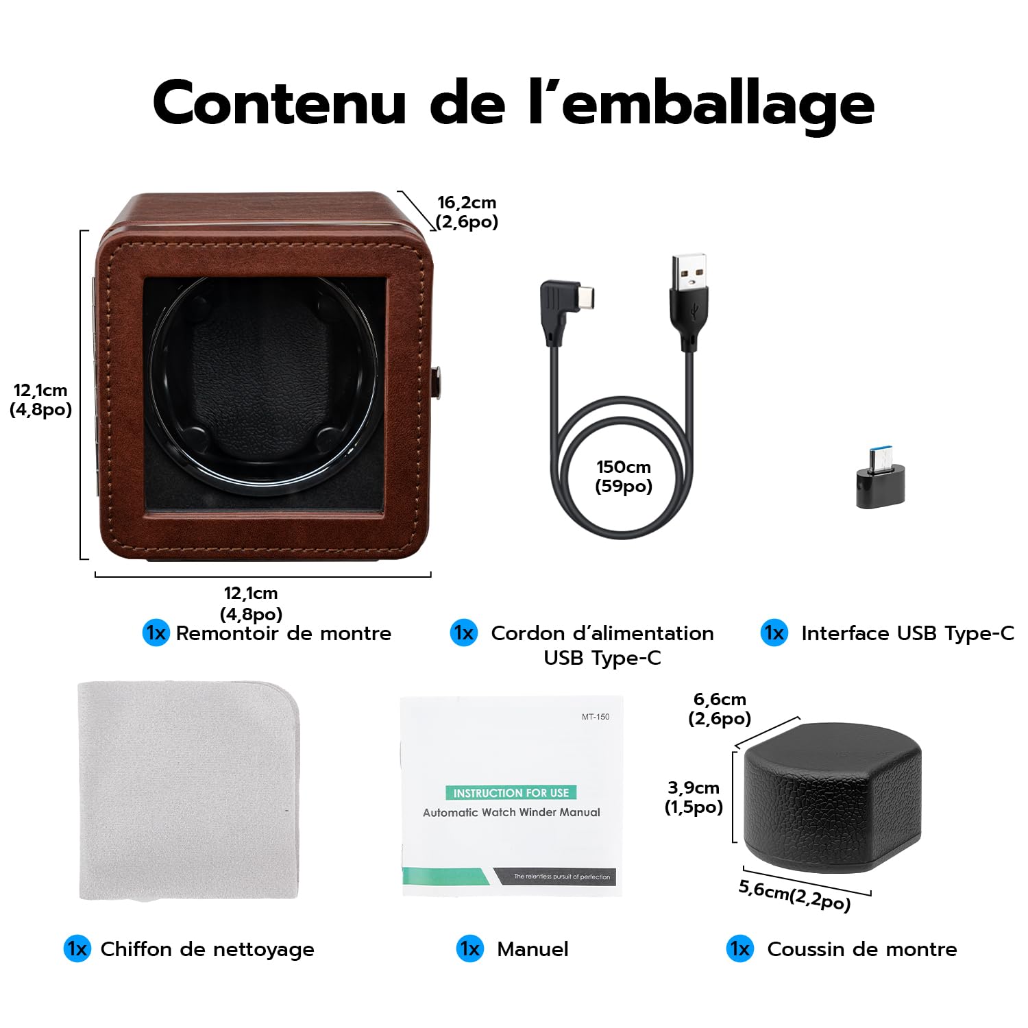 Mcbazel Remontoir 1 Montre Automatique - Moteur Ultra Silencieux avec Lumière LED, 4 Modes de Rotation, Boîte en Cuir PU, Affichage à 90° pour Montres Automatiques/Alimenté par USB – Marron