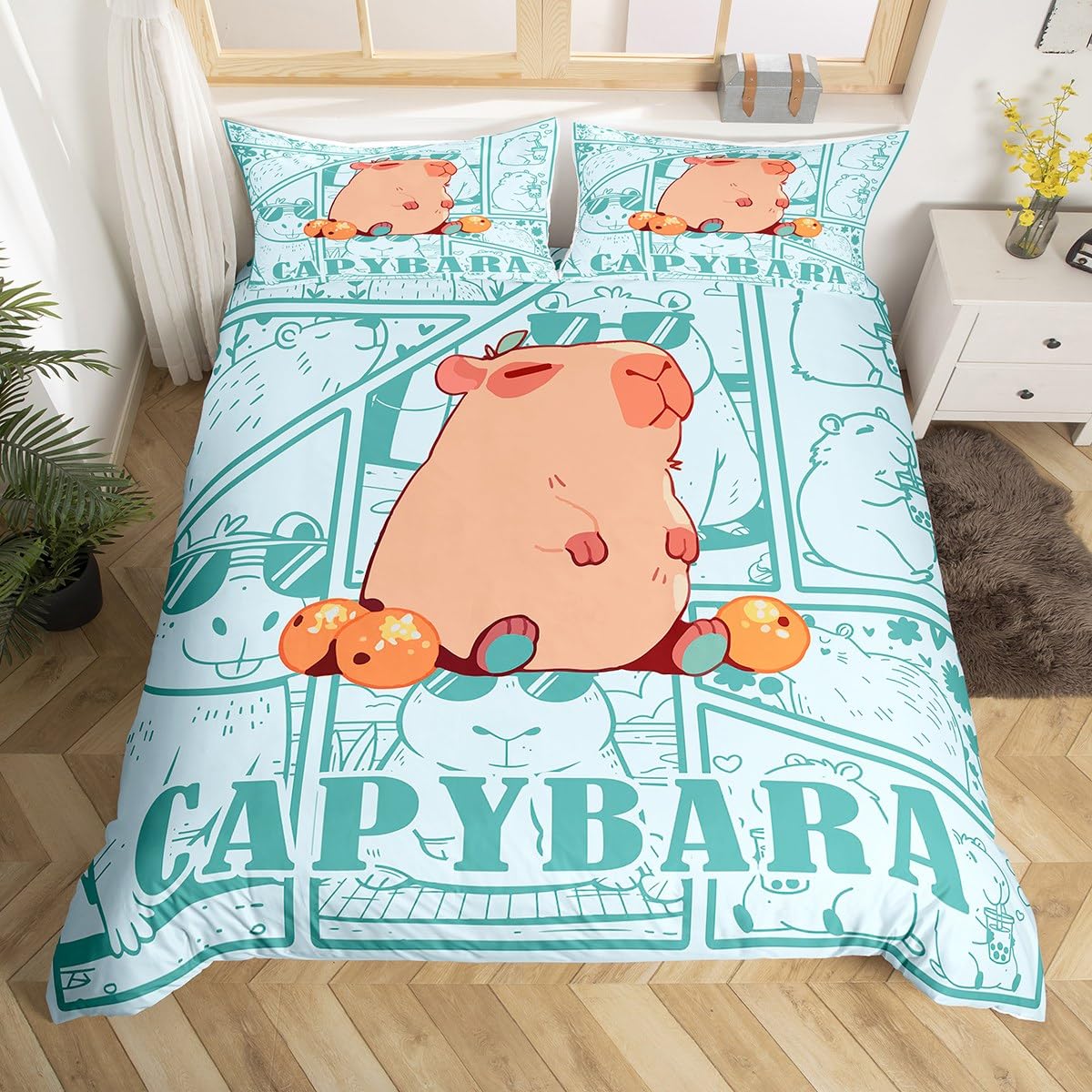 Housse de couette capybara 240x260 cm Homewish en microfibre avec taies d'oreiller