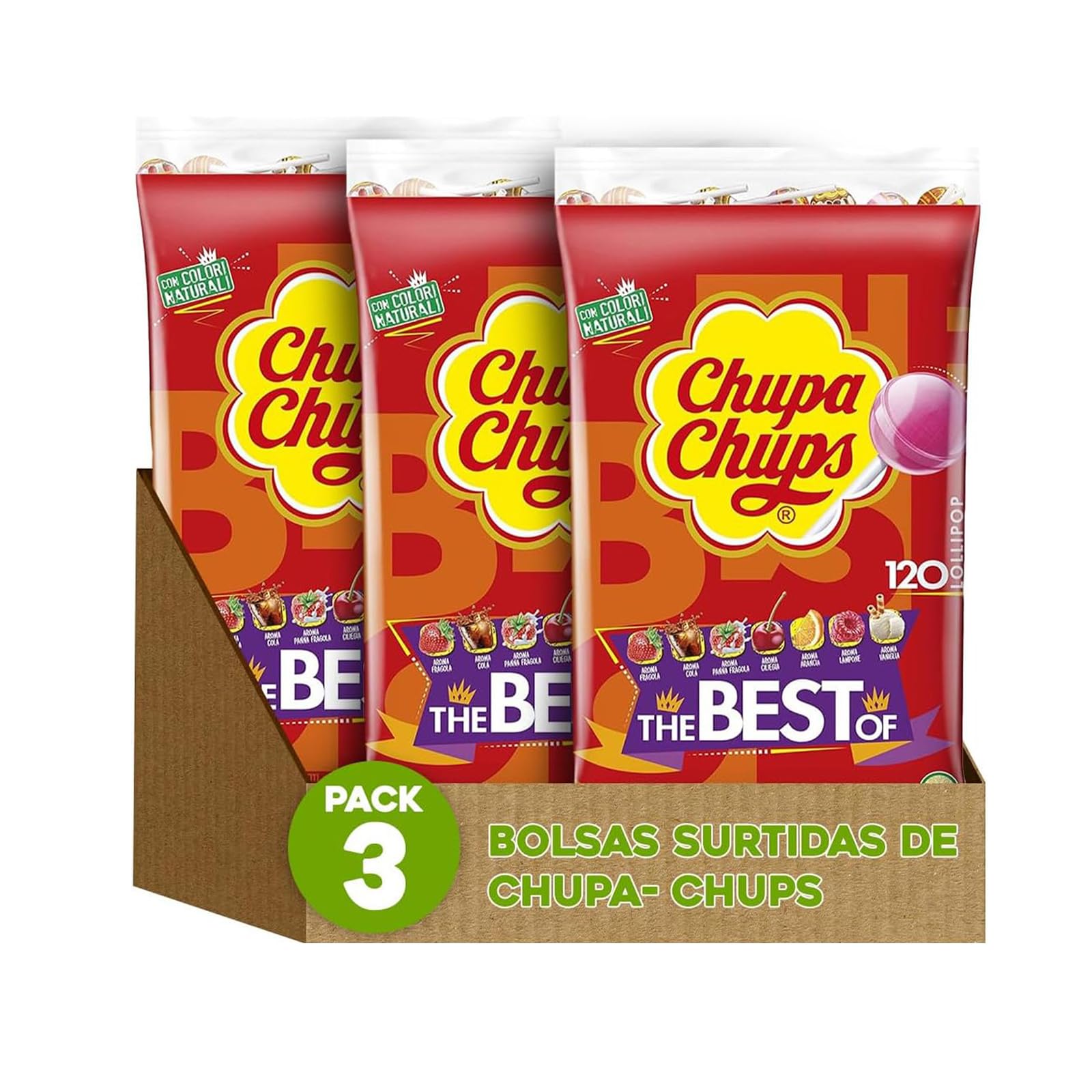 Chupa Chups Pack 2 o 3 Bolsas de 120 Unidades | 240 o 360 Caramelos con Palo | Envueltos uno a uno