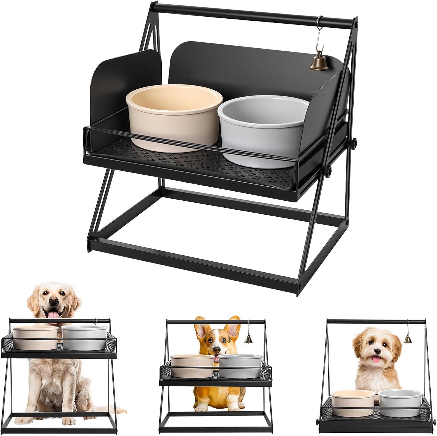 OneTigris Elevated Dog Bowl, Raised Dog Bowls for Medium Large Dogs, Adjustable Height, with Non-Slip Mat No-Spill Baffle, Height Adjustable from 2" to 11" Black (Bowls Not Included)