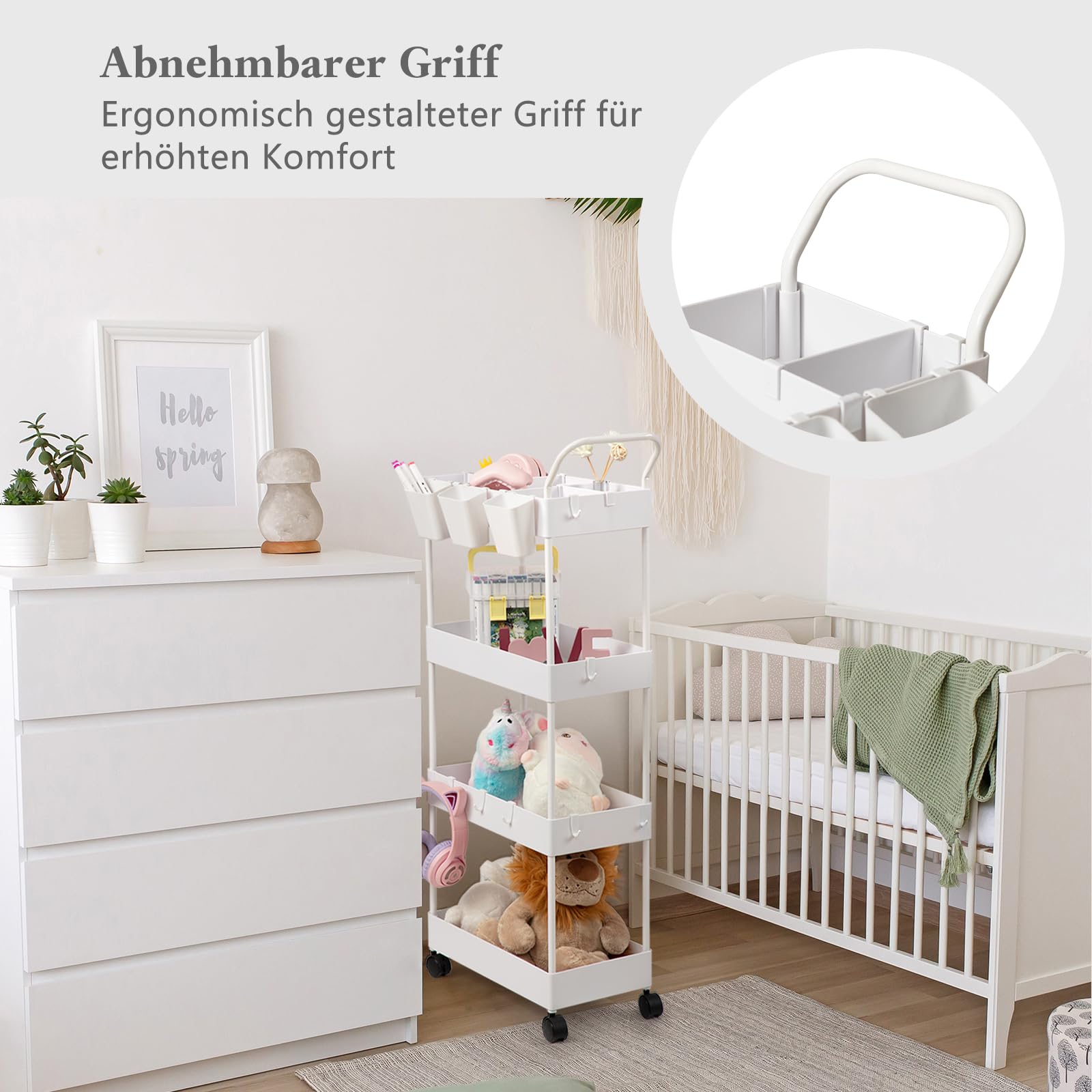 danpinera Chariot de service étroit pour enfants, chariot de service avec 4 niveaux, chariot de cuisine avec séparateurs, crochets et tasses suspendues, chariot de niche pour chambre d'enfant, cuisine