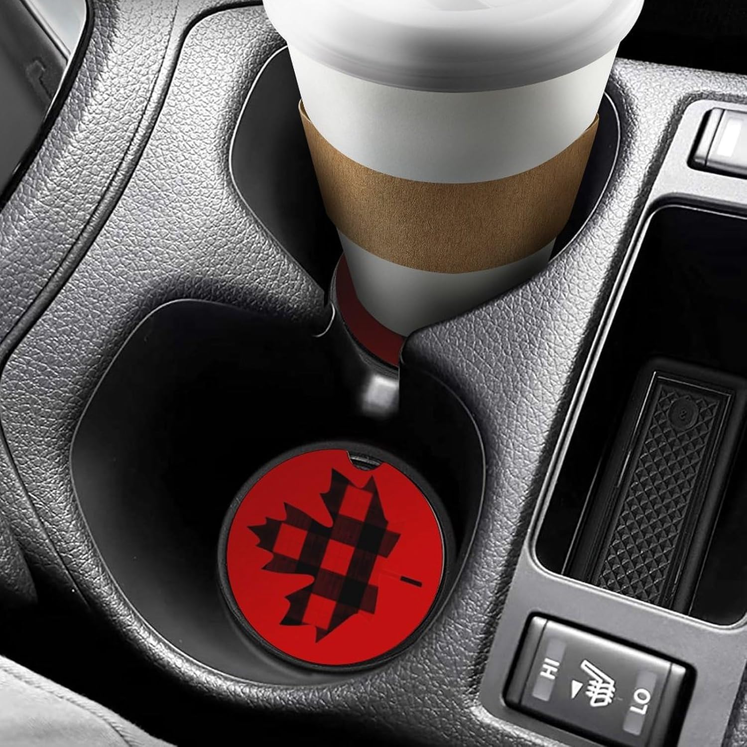 Maple Leaf in Plaid Cute Car Coasters 2.56 Inch Absorbent Cup Holder for Drinks Auto Interior Accessories