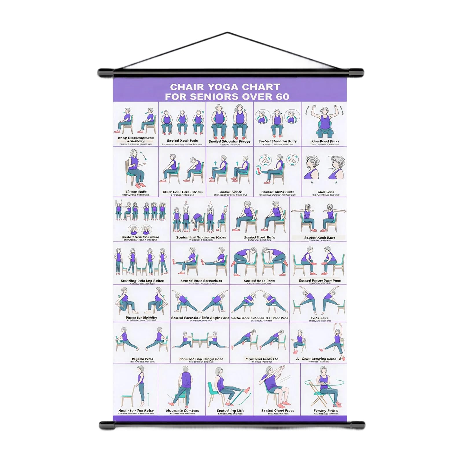Komergave Chair Yoga Poster, Timed Poses Artworkout Wall Chart for Seniors Over 60, Home Gym Fitness Exercise Posters, Easy Follow Training Reference for Elderly Users