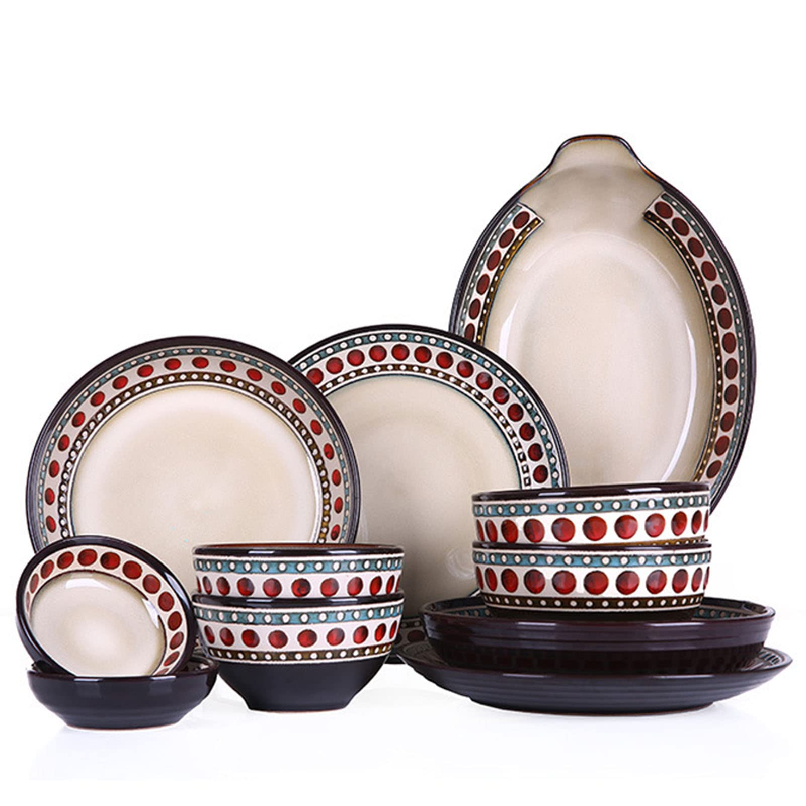 Okrągły Zestaw Obiadowy Z Porcelany, Serwis Dla 4/6/8/12 Osób, Zestawy Naczyń Kamionkowych, Komplet Obiadowy, Zawiera Talerze Obiadowe, Talerze Sałatkowe I Miski, Do Zmywarki Mikrofalowej, 52 Element