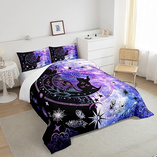 Miniatura 4 de Juego de edredón de gato, tamaño individual, universo estrellado, luna y cielo estrellado, edredón de moda con silueta de animal galaxia con 1 funda