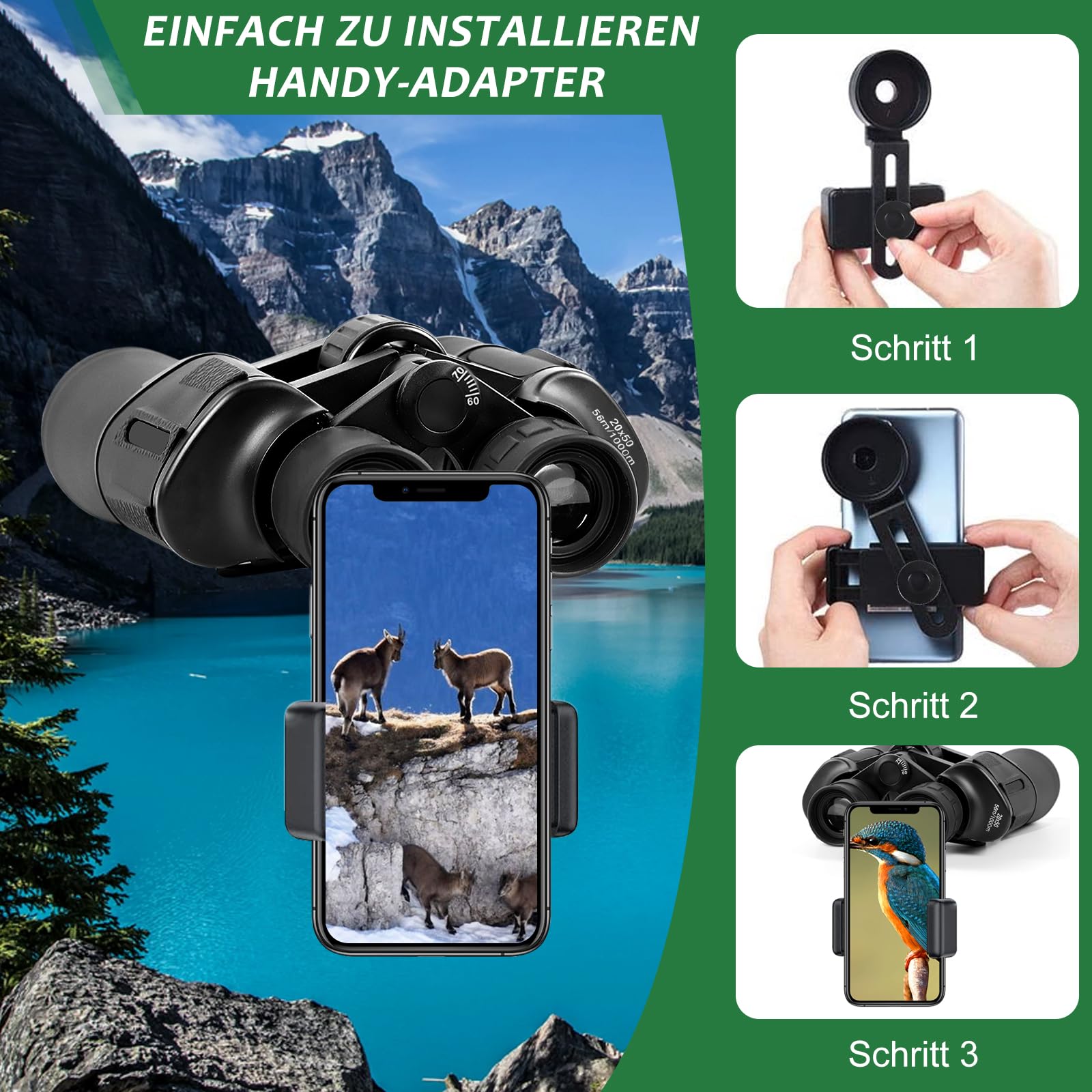 Fernglas für Erwachsene 20x50, Stabiles Fernglas mit Smartphone Adapter für Vogelbeobachtung, Jagd, Outdoor, Reisen & Natur, Kompakt Leicht Wasserdichtes Ferngläser Für Brillenträger Geeignet