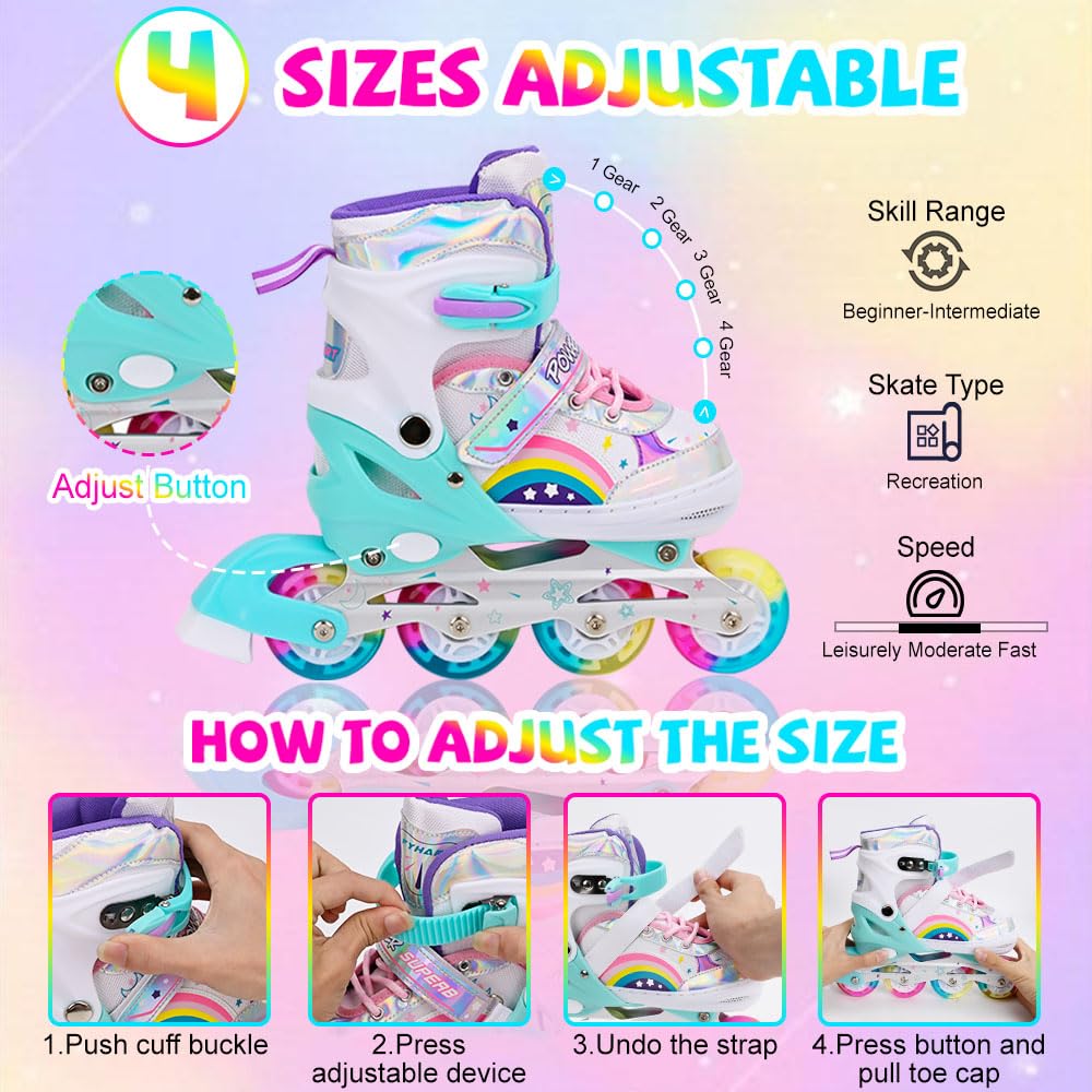 LJPYMX Kids Inline Skates Adjustable for Girls with All Wheels Light up, Fun Illuminating Girls Inline Skates for Toddlers Beginner Outdoor Indoor Sports (Rainbow, Large)