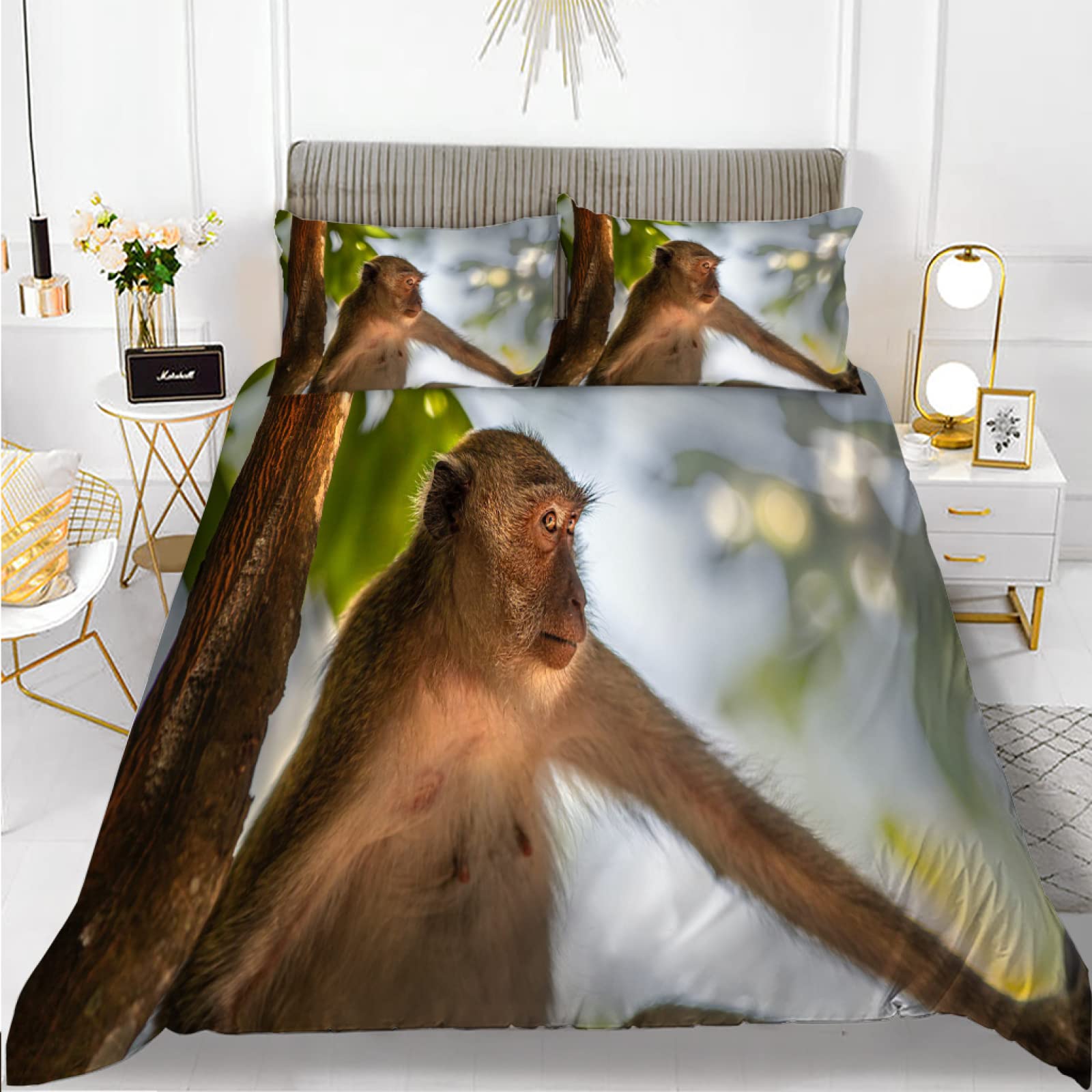 Housse de couette 160x200 singe brun avec taies d'oreiller zippée ado