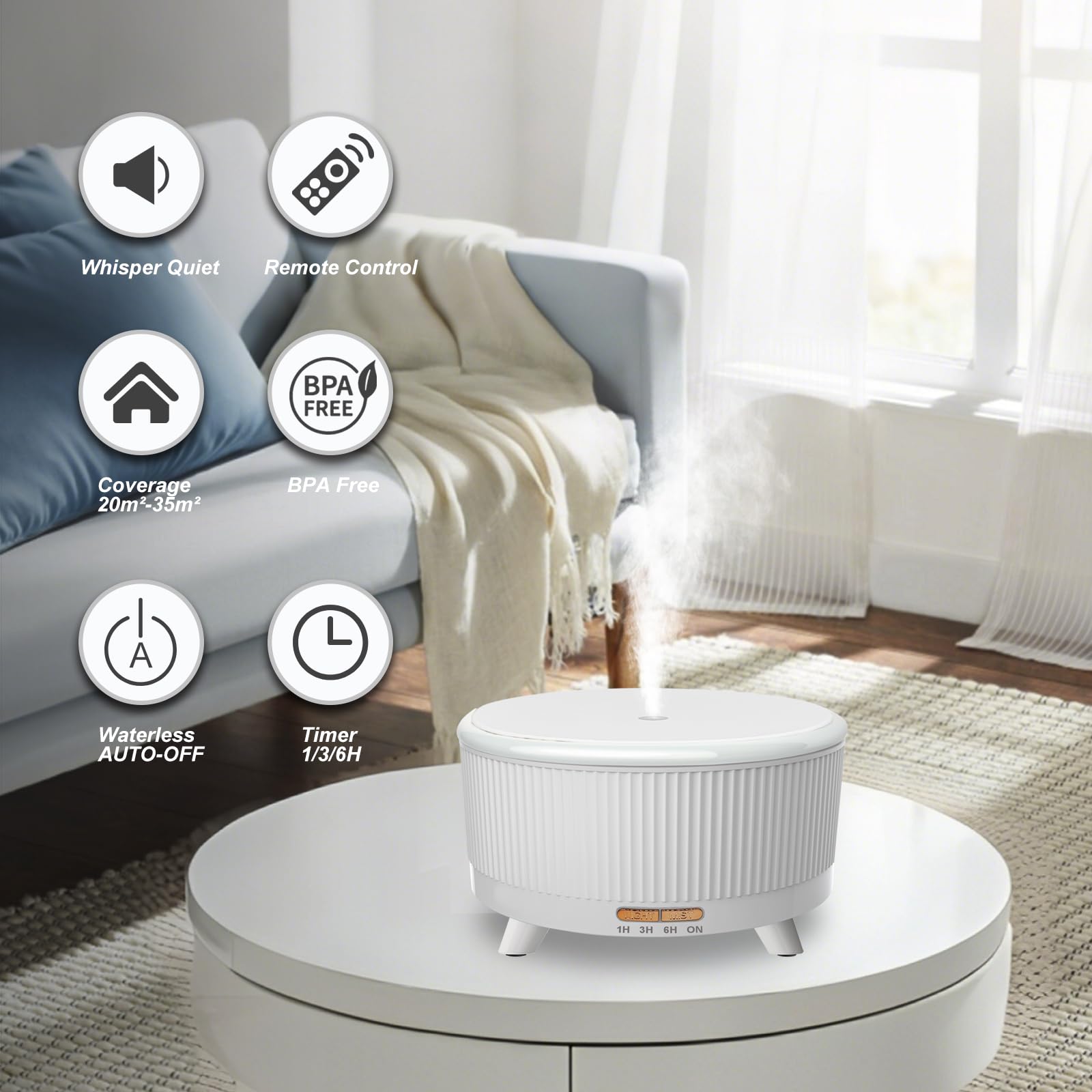 Diffusori per oli essenziali, 500 ml, diffusore per aromaterapia, umidificatore a nebbia fredda con telecomando, 7 luci colorate e 3 modalità nebbia, spegnimento automatico senza acqua, per donne