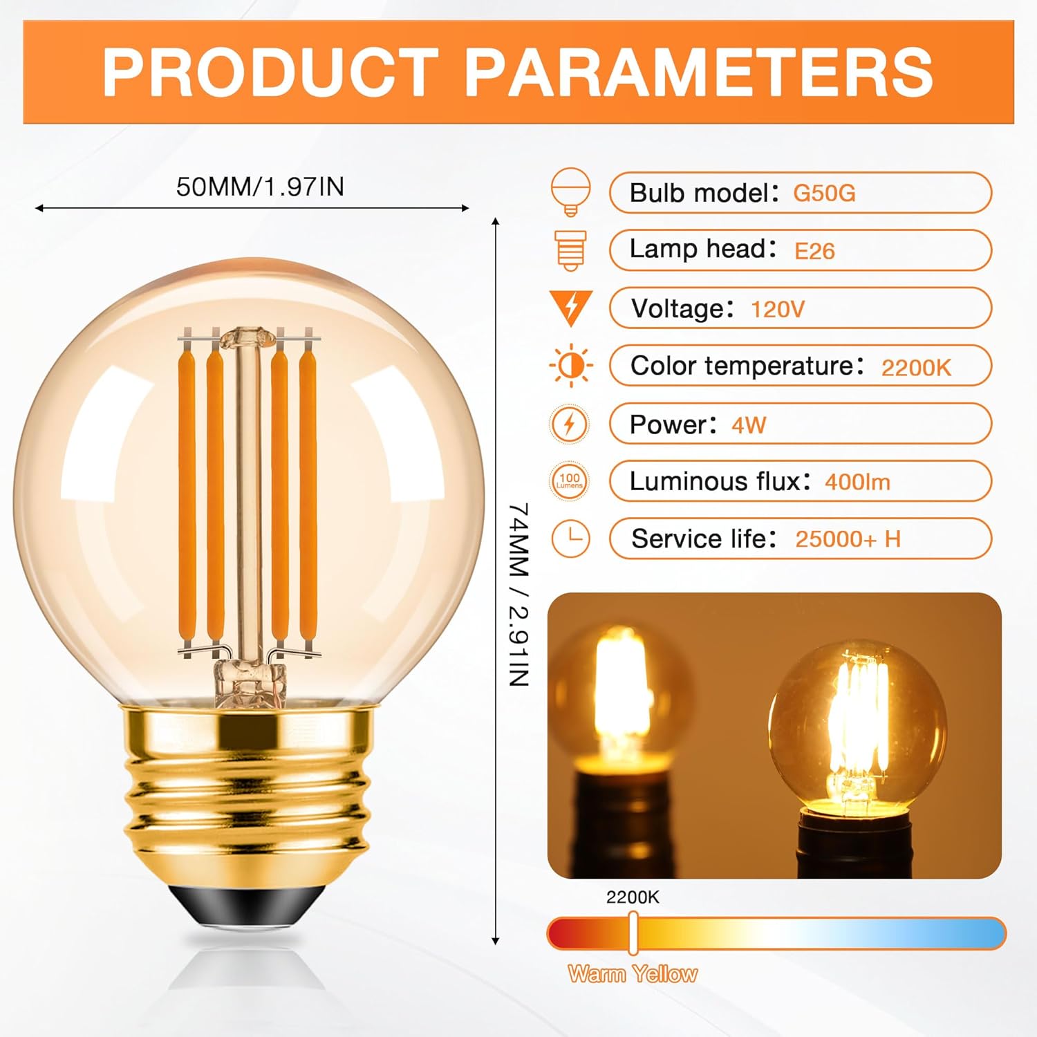 ToBeGreat G16.5 LED Light Bulbs G50 Dimmable Globe Light Bulbs 4W(40 Watt Equivalent) 2200K Warm White 400lm Candelabra Chandelier Night Light Bulb Amber Glass,6 Pack