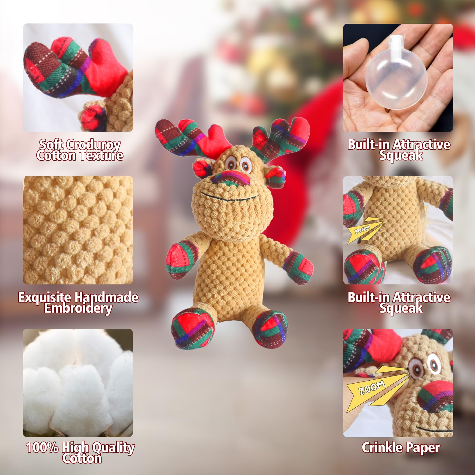 Banlilu Christmas Squeaky Dog Toys,Soft Cute Reindeer Durable Teeth Cleaning Interactive Plush Dog Toys,Xmas Gift for Puppies Small and Medium Dogs - Image 4