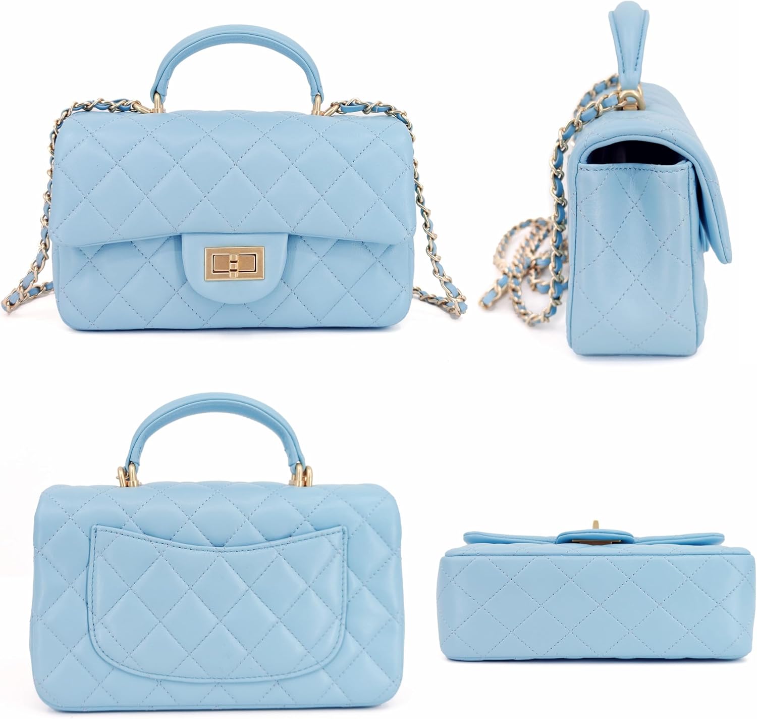 Small Quilted Crossbody Bag for Women, Genuine Leather Mini Shoulder Flap Purse with Gold Chain Strap & Top Handle - Image 3