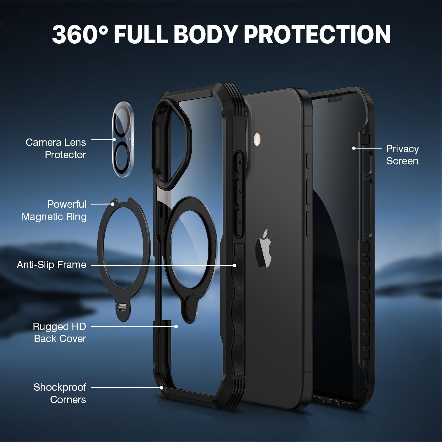 CENHUFO Privacy for iPhone 16 Case [Compatible with Magsafe] Full Body Phone Case Built-in 9H Tempered Glass Privacy Screen Protector and 360° Spin Magnetic Stand Ring, Camera Lens Cover - Black - Image 3