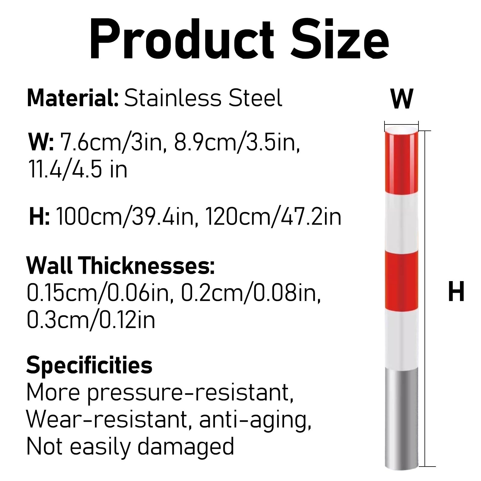 Traffic Delineator Posts 39.4/47.2in High, Stainless Steel Safety Bollard 3/3.5/4.5in Diameter with Reflective Film, Parking Bollards for High-Traffic Areas(Thicknesses-3mm,H-39.4in/W-3in)