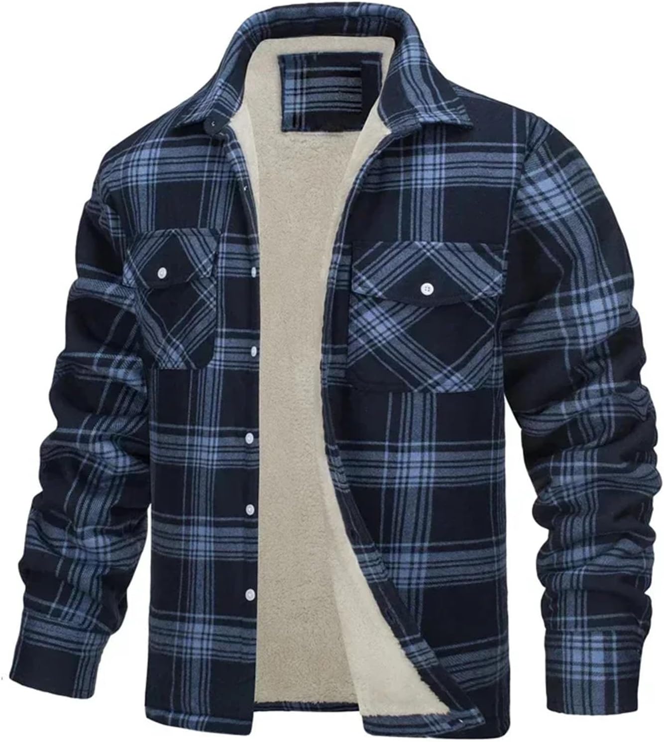 Men's Fleece Plaid Jacket Warm Flannel Lining Casual Loose Autumn Winter Work Coat