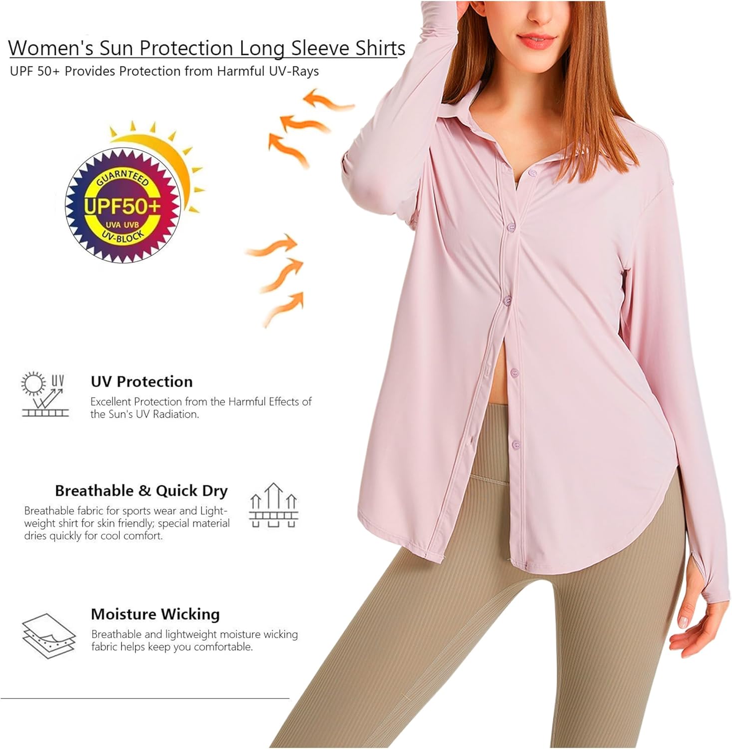 Women's UPF 50+ UV Sun Protection Long Sleeve Shirt Button-Down Shirt Yoga High Stretch Sport Blouses - Image 5