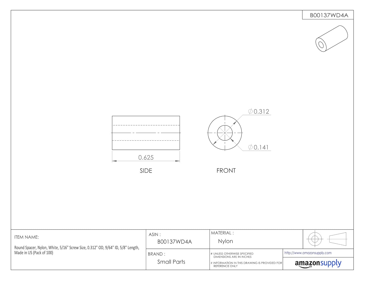 Round Spacer, Nylon, Off-White, 3/16" Screw Size, 0.187" OD, 0.115" ID, 15/16" Length, Made in US (Pack of 100)
