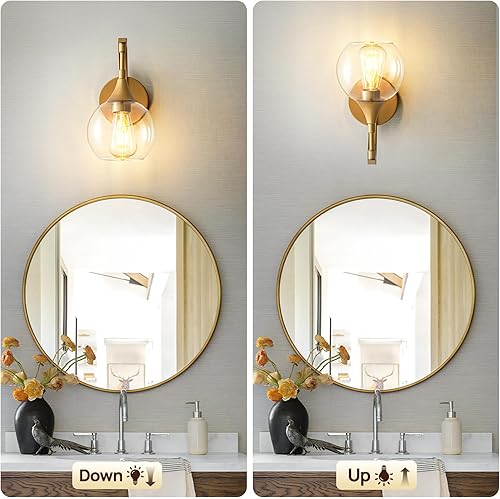 Miniatura 9 de Aplique de pared dorado, 1 luz de tocador de baño, lámpara de pared moderna con pantalla de vidrio transparente de 4.9 pulgadas, lámparas de pared