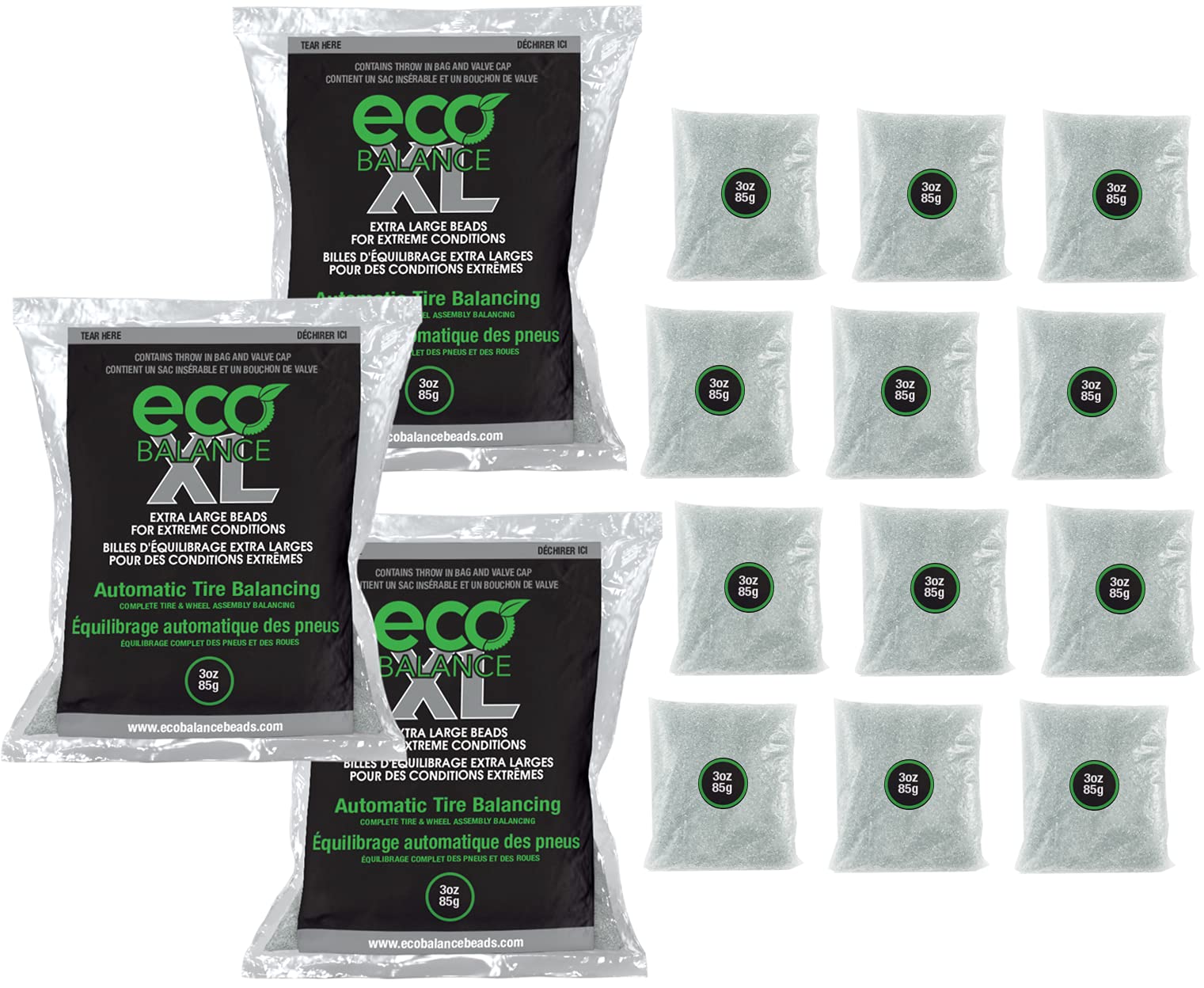 03-ECOXL12 ECO XL Extreme Condition Tire/Wheel Balancing Beads - Off-Road Vehicles, Light Duty Truck Tires, (12) 3oz Balance Bead Bags, (12) Valve Caps