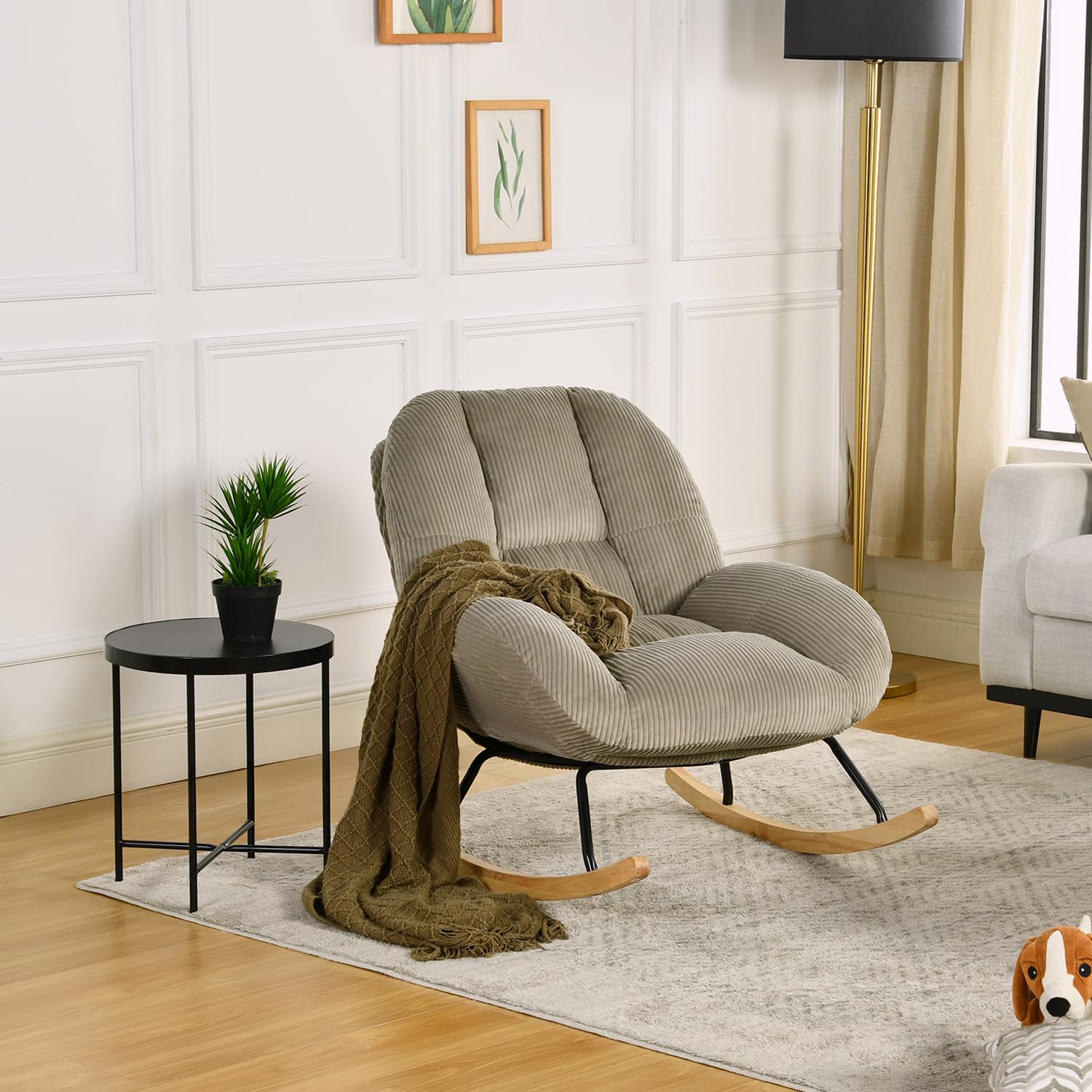 Meuble Cosy Poltrona a dondolo scandinava, in velluto a coste, sedia a dondolo per allattamento, gambe in legno di Hevea per soggiorno, camera da letto, grigio