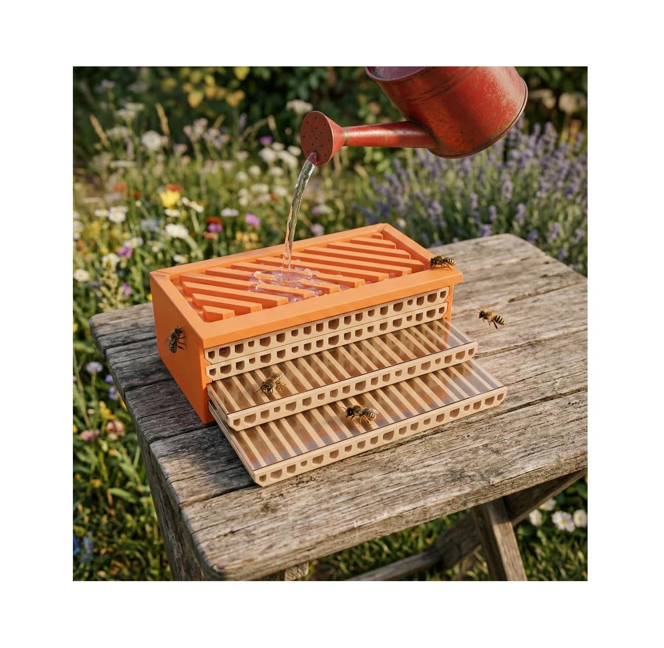Wildbienenhotel mit Beobachtungsschublade & Tränke für Bienen | Insektenhotel PRO2 Nisthilfe wetterfest | Bienenhaus Garten Deko als Bienenhotel (M Orange)