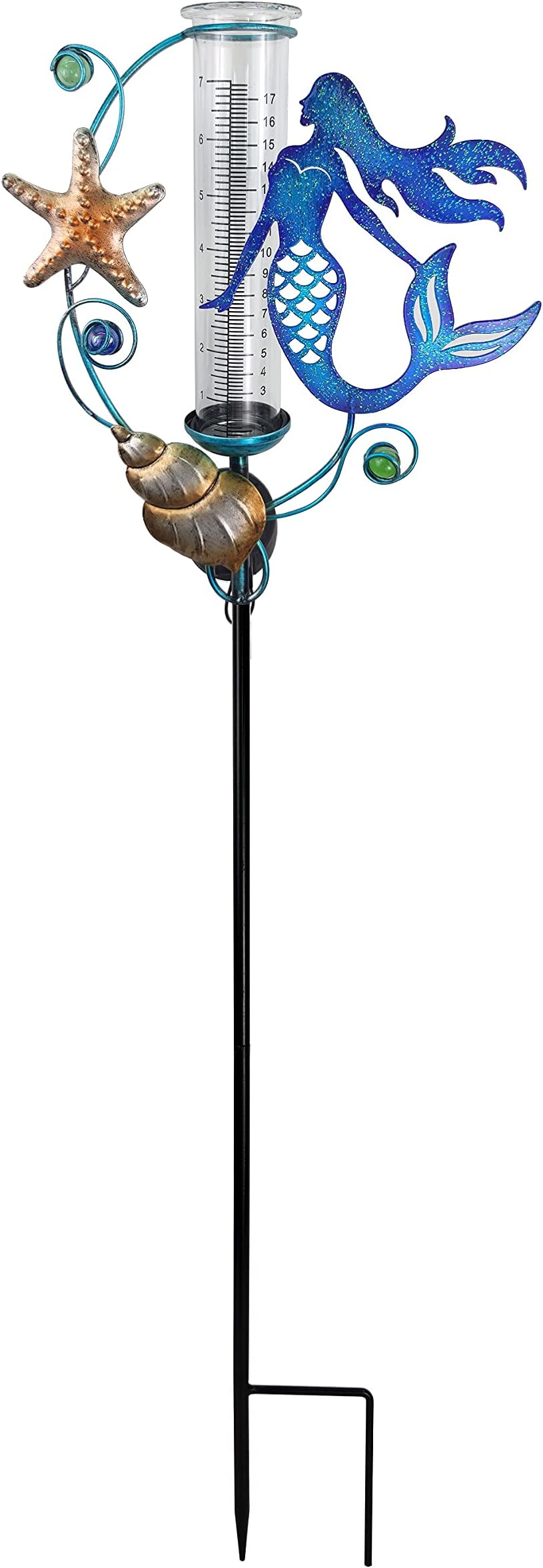 JOYbee 38Inch Solar Powered Rain Gauge Outdoor,Metal Mermaid Stake with Replacement 7" Capacity Glass Tube, LED Lights Glass Tube (Solar Rain Gauge),Decoration for Yard Lawn Outside