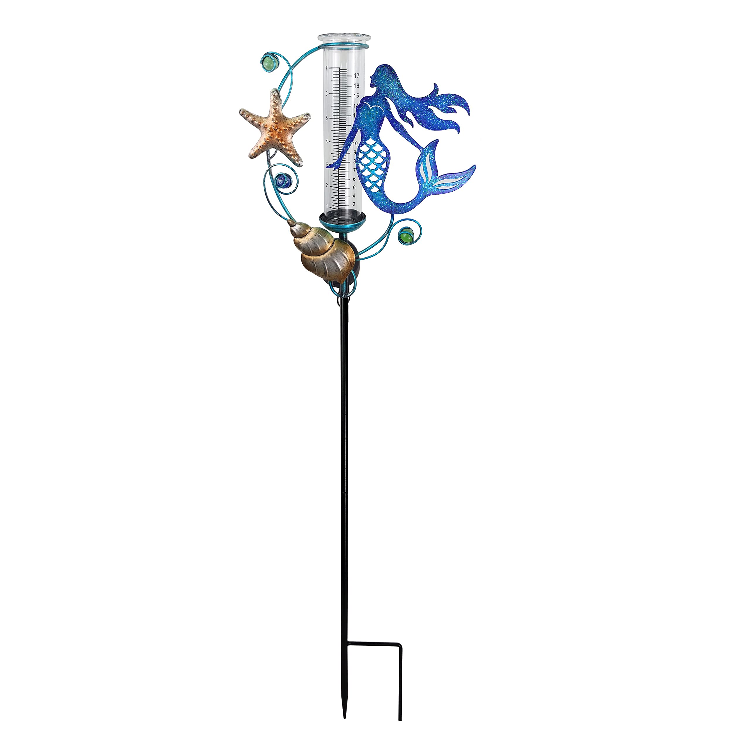 JOYbee 38Inch Solar Powered Rain Gauge Outdoor,Metal Mermaid Stake with Replacement 7" Capacity Glass Tube, LED Lights Glass Tube (Solar Rain Gauge),Decoration for Yard Lawn Outside