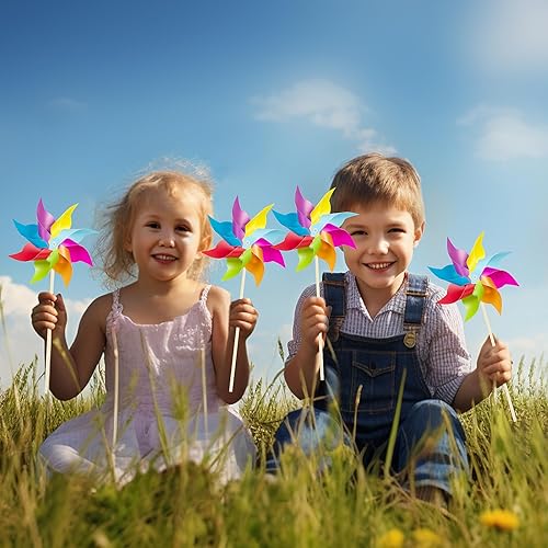 Miniatura 5 de HOOSUN Paquete de 12 molinillos arcoíris para patio y jardín, decoraciones de fiesta arcoíris para niños, coloridos molinillos de viento de jardín