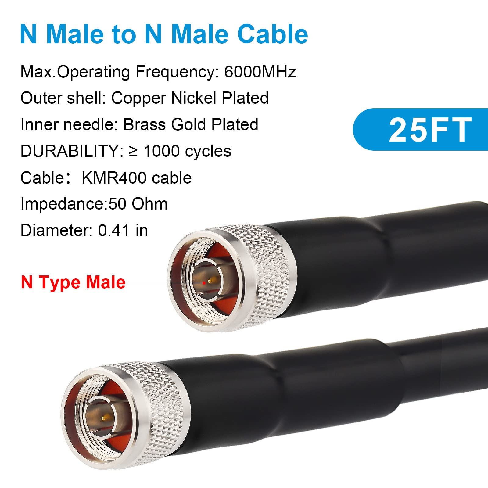 KMR400 Câble d'extension coaxial N mâle vers N mâle (50 Ohm) en cuivre pur faible perte pour 3G/4G/5G/LTE/GPS/WiFi/RF/Ham/Radio à antenne ou amplificateur de signal de téléphone