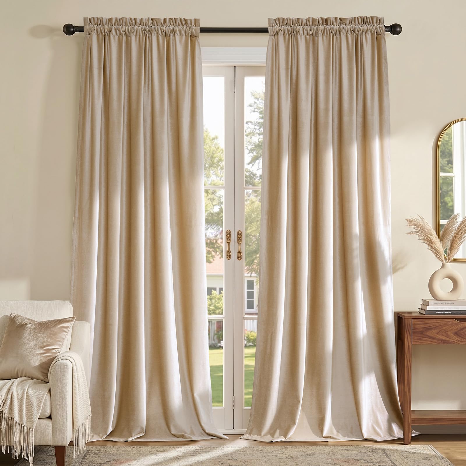 Primrose Blackout Curtains 96 inch for Living Room Velvet Rod Pocket Window Drapes Treatment Semi Room Darkening Decor Champagne Curtains for Bedroom Set of 2 Panels…