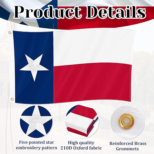 Miniatura 3 de Bandera de Texas de 3 x 5 pies resistente para exteriores, estrella bordada de lujo, tela de poliéster 210D, ojales de latón y dobladillo de 4