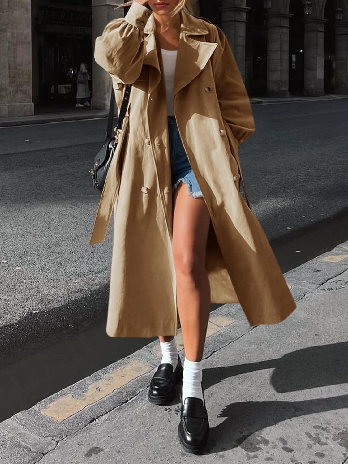 Tankaneo Womens Long Trench Coat Fall Fashion Oversized Double Breasted Lapel Overcoat Outerwear with Belt - Image 3