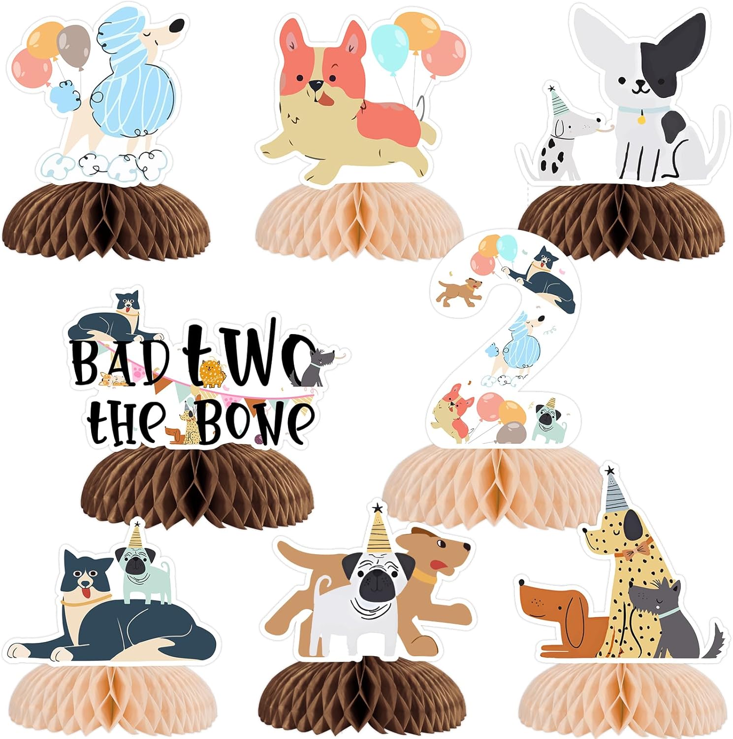 Funmemoir Dog 2nd Birthday Decorations, Dog Bad Two the Bone Party Decorations - 8PCS Dog Honeycomb Centerpieces Table Decorations for Puppy Dog Themed 2 Year Old Birthday Party