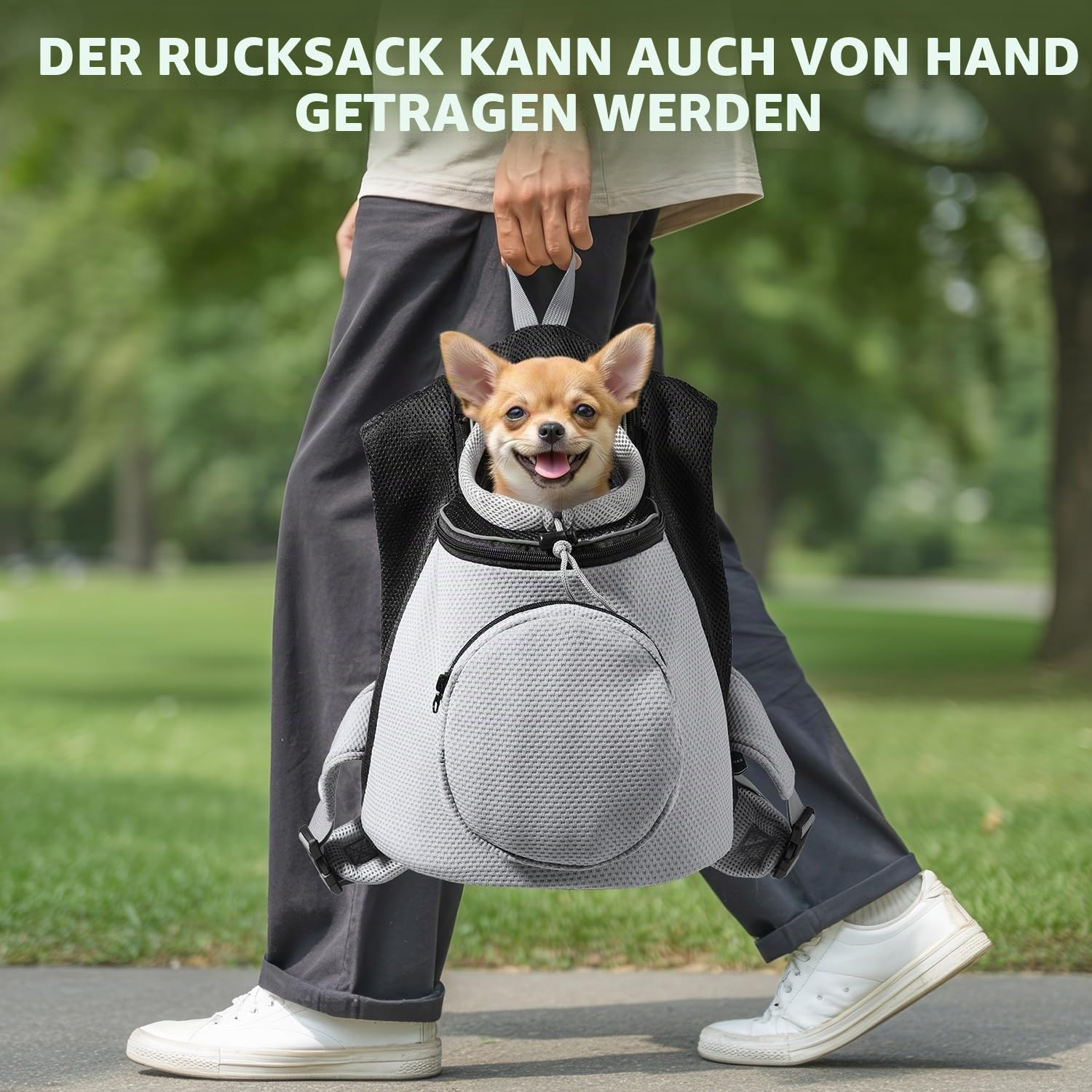 BONTHEE Hundetrage-Rucksack für kleine Hunde & Welpen – atmungsaktiver Frontrucksack mit PE-Boden und Aufbewahrungstasche, für Outdoor, Wandern & Reisen, bis 4.5kg