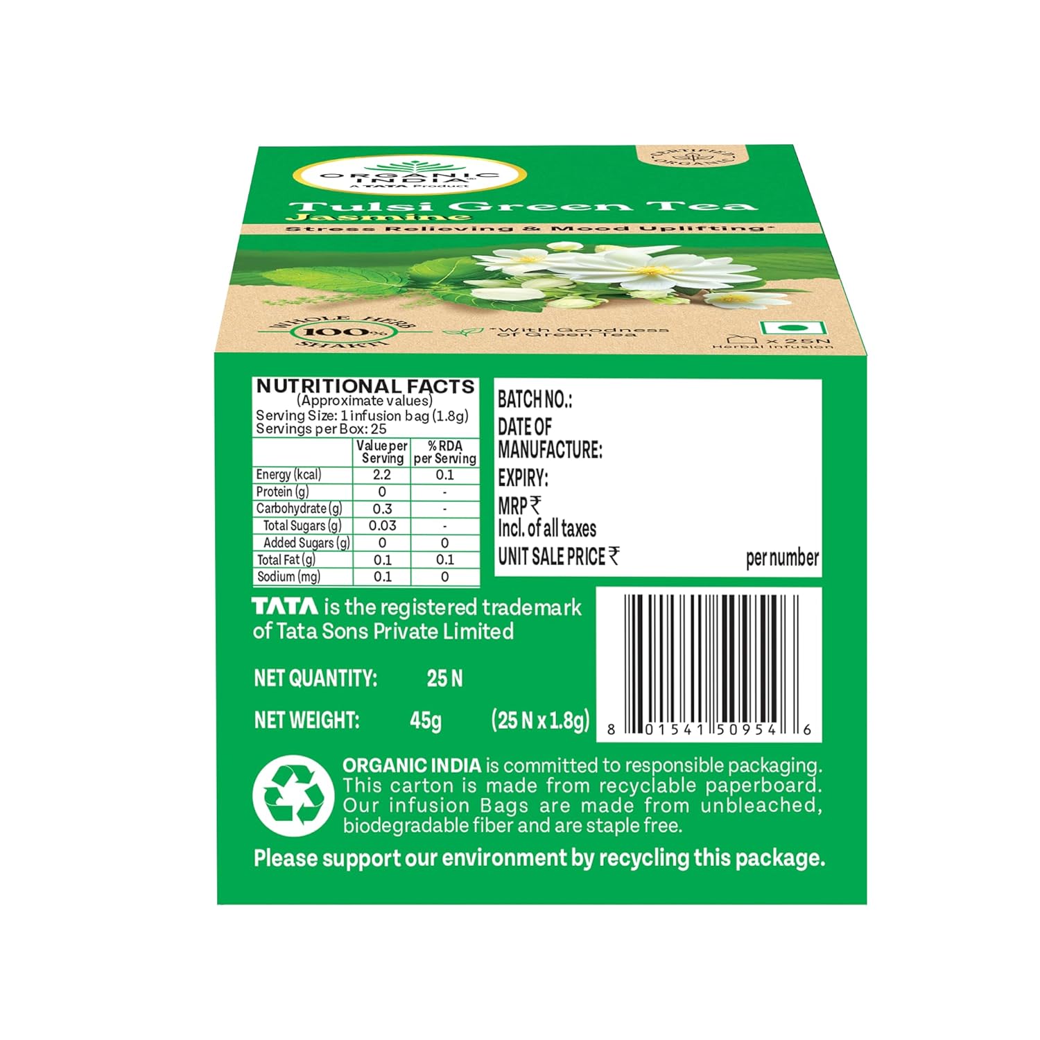 Diwali Sale A Tata Product - Organic India Tulsi Green Tea Jasmine - 25 Tea Bags, Certified Organic, Stress Relief, Mood Uplifting, Antioxidant Power, Soothing Jasmine Blend