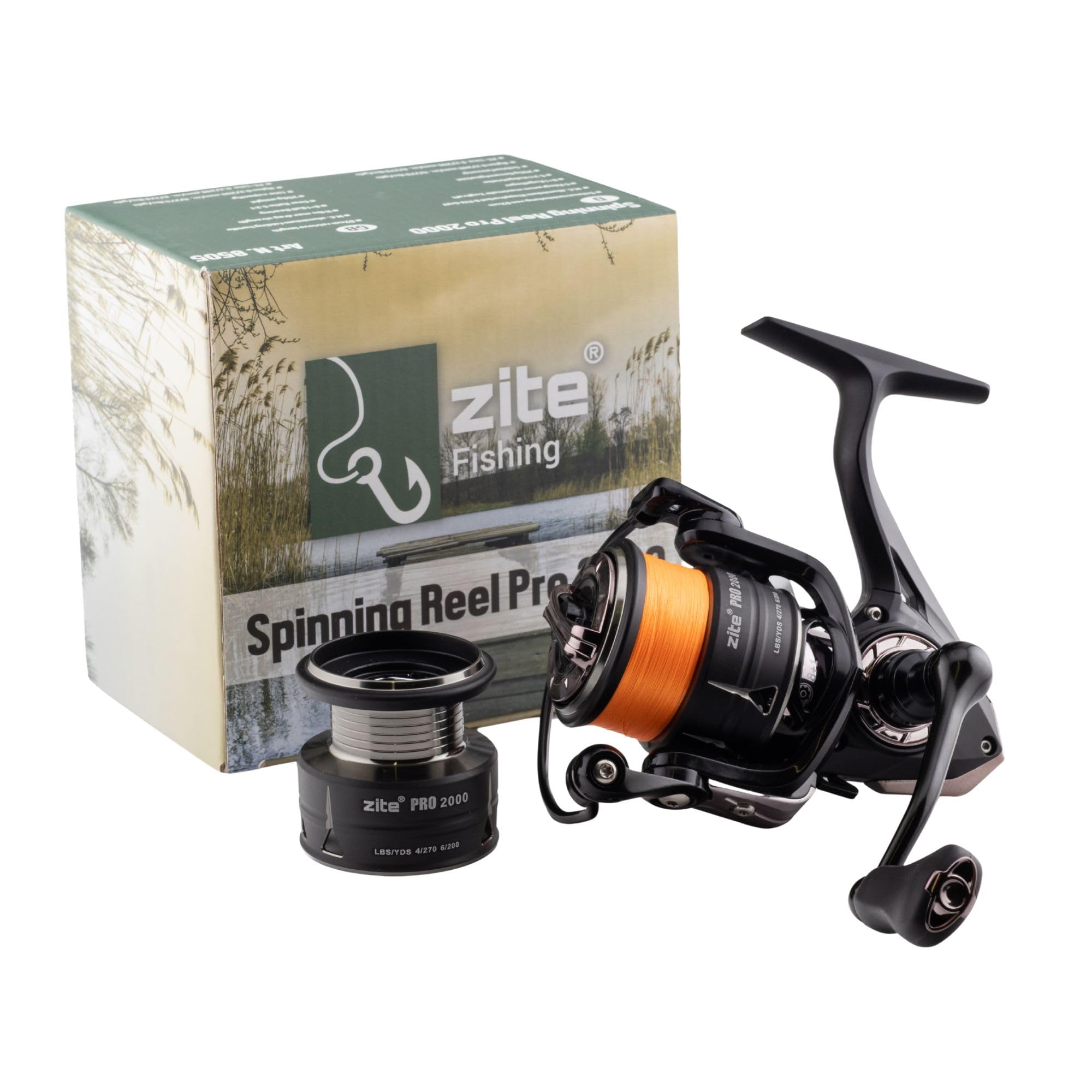 Zite Carrete de pesca Spinning Pro 2000-4000 | Carrete giratorio con freno delantero | 8+1 rodamientos de bolas | Manivela plegable de aluminio y mango EVA | Para trucha, perca, lucioperca y lucio