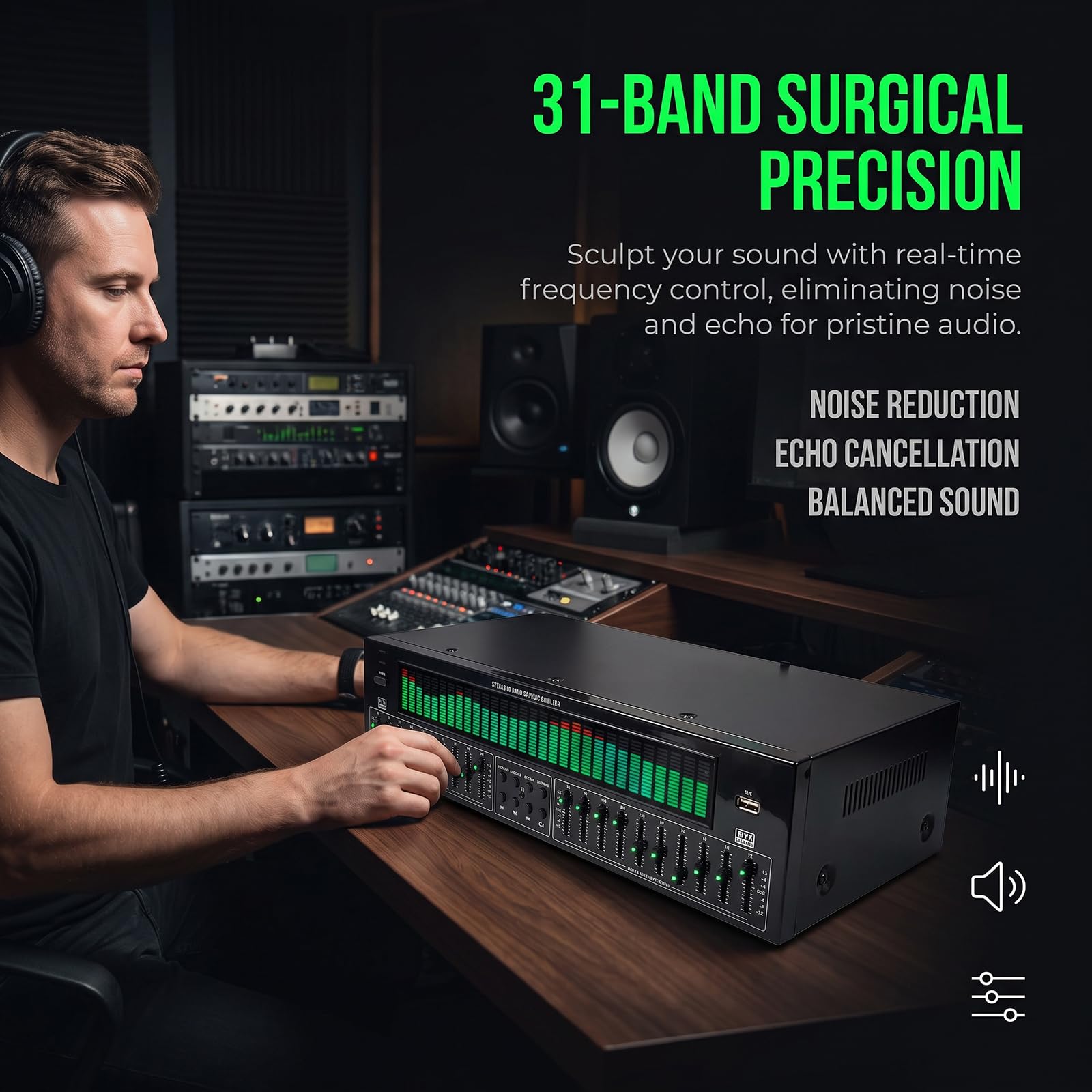 Égaliseur Graphique Stéréo, Égaliseur Audio Numérique 5.4 avec Affichage Dynamique du Spectre par LED, Décodeur Optique Coaxial Et Réduction du Bruit pour Home Cinéma, Studio Denregistrement,