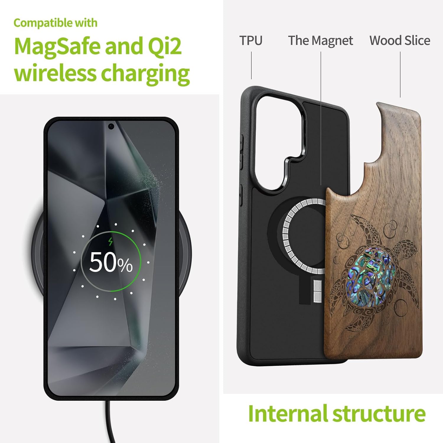 Carveit Magnetic Wooden Case for Samsung Galaxy S26 Ultra Case, Wood Artisan Engraved & Handmade Shell Inlaid, Compatible with MagSafe Wireless Chargers (Sea Turtle) Walnut