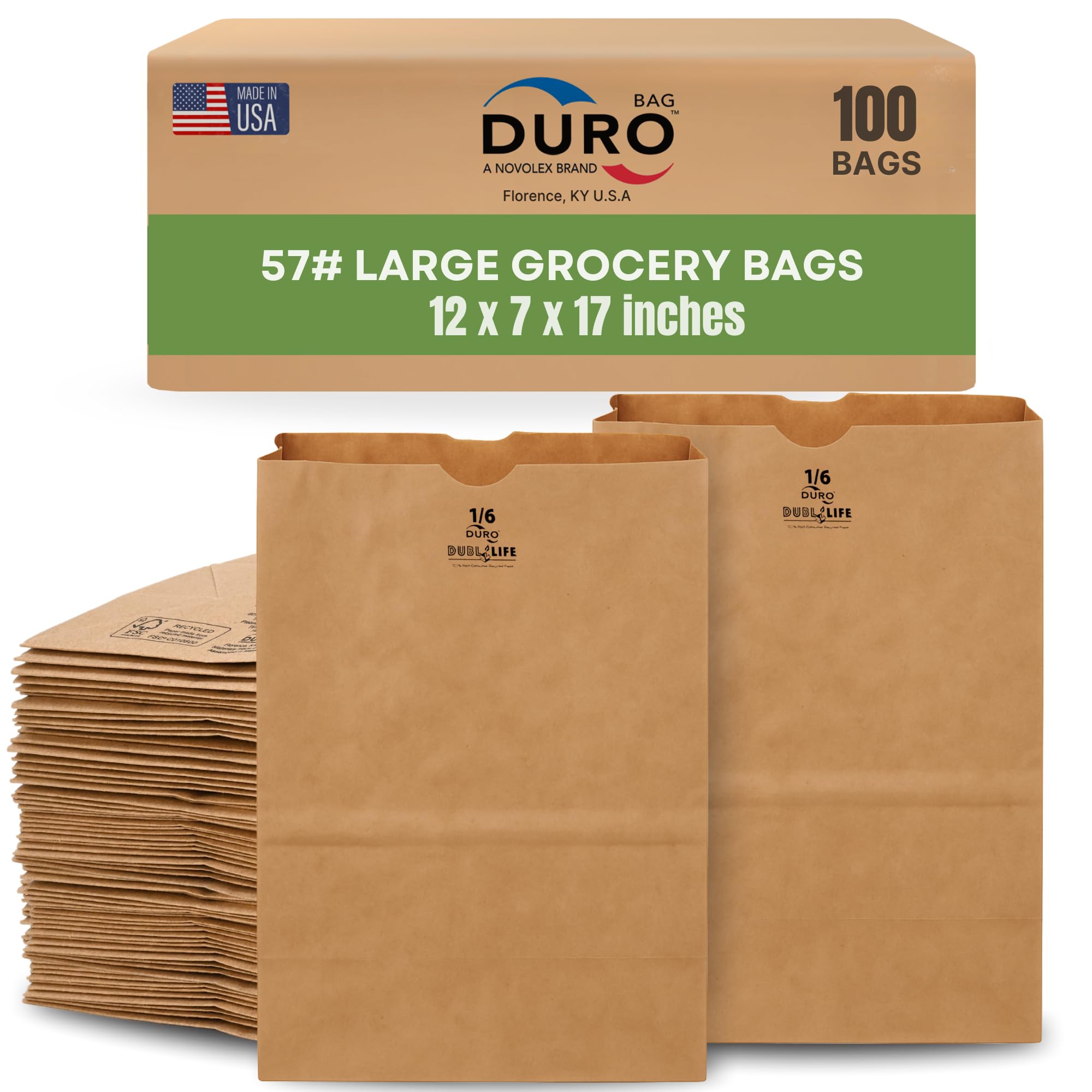 DURO 57# Large Brown Paper Lunch Bags, Heavy-Duty Paper Bags Lunch Size for Grocery, Takeout, and Food Service, Bulk 1/6 Sack, Durable Brown Bag for