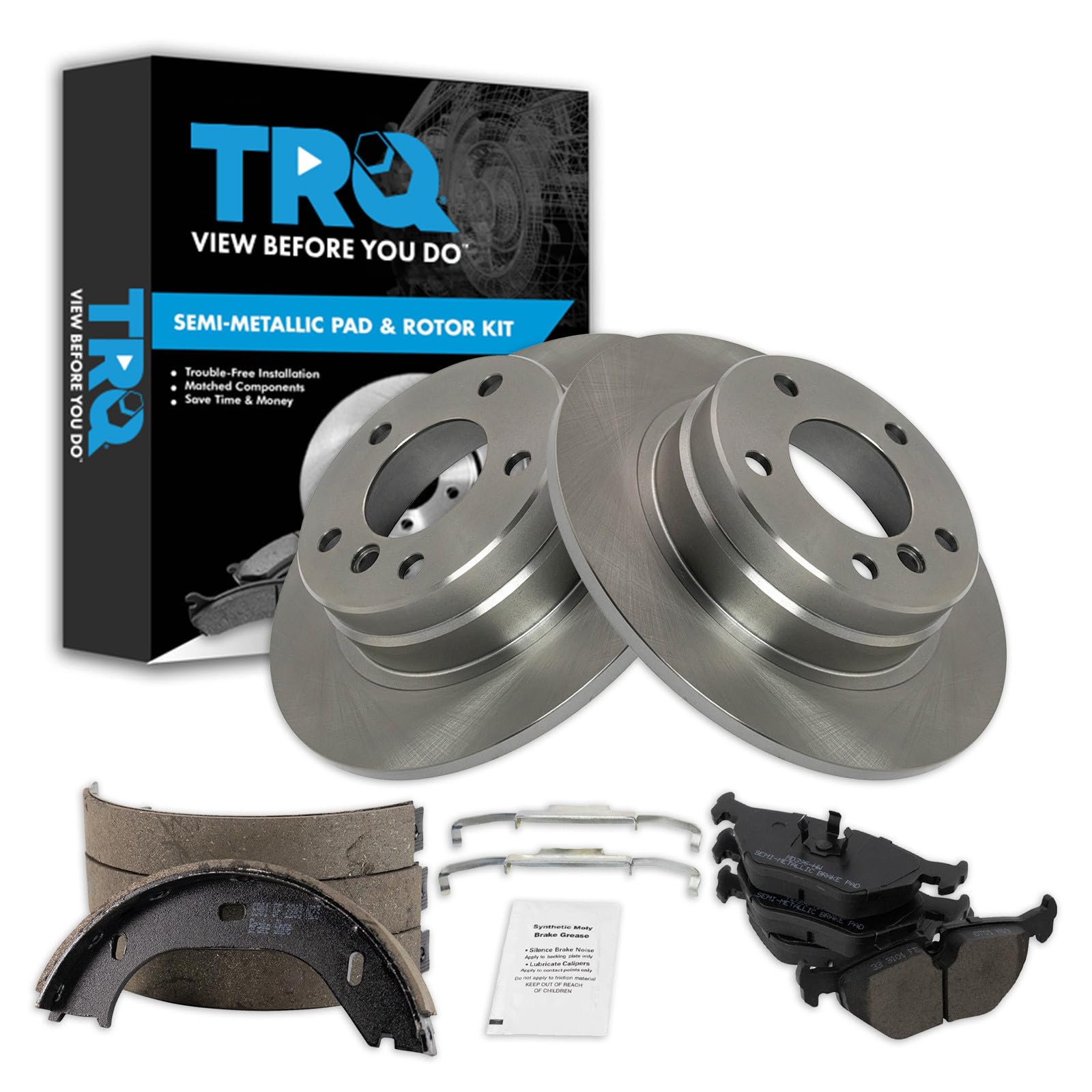 TRQ Rear Brake Pad and Rotor Set Semi Metallic Parking Shoe Compatible with 1992 BMW 318i 325i