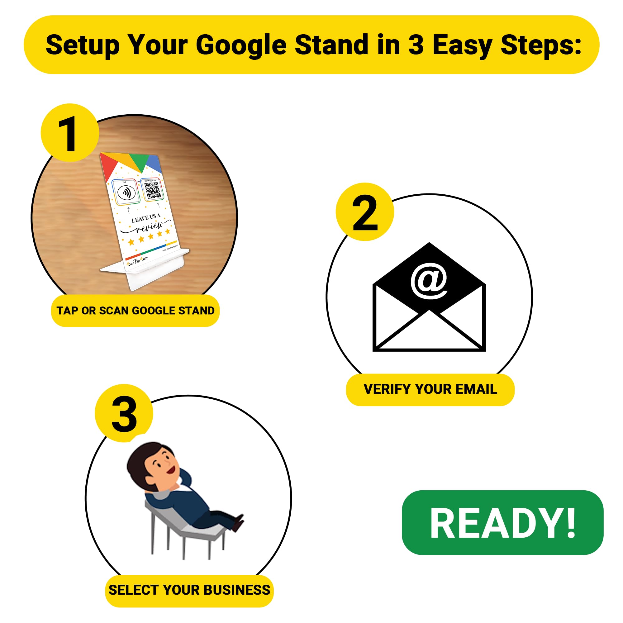 Supporti per recensioni Google Tap (confezione da 3) di TapFive - Tocca per recensioni istantanee - Compatibile con tutti i telefoni - Smart Tap riutilizzabile NFC e QR - Aumenta le recensioni azienda