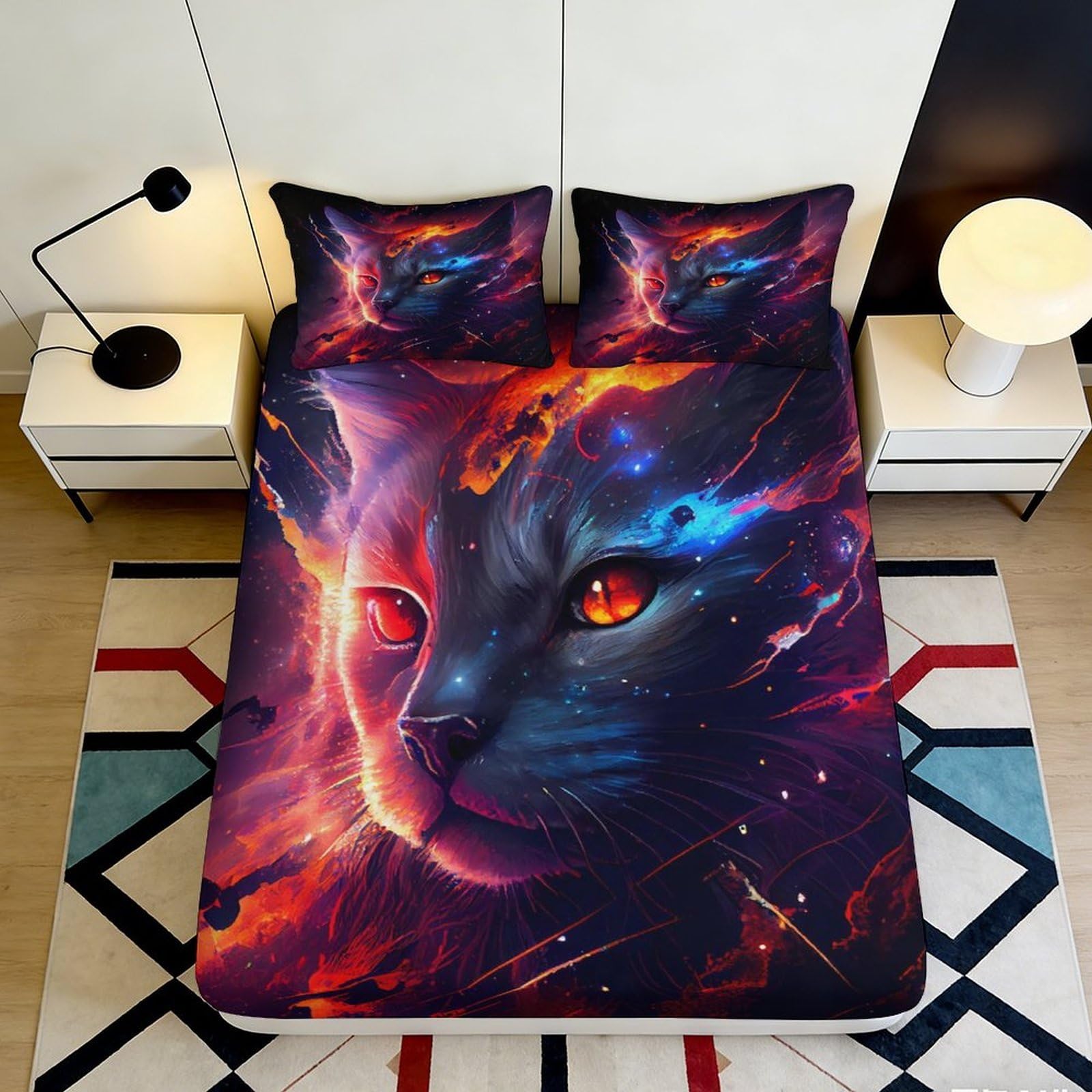 Pnayamiorkfel Style-4 3D Printed Galaxy Starry Cat Fitted Sheet Microfiber Soft Art Cosmic Nebula Mattress Cover For Bedroom Decor 90X200x25cm